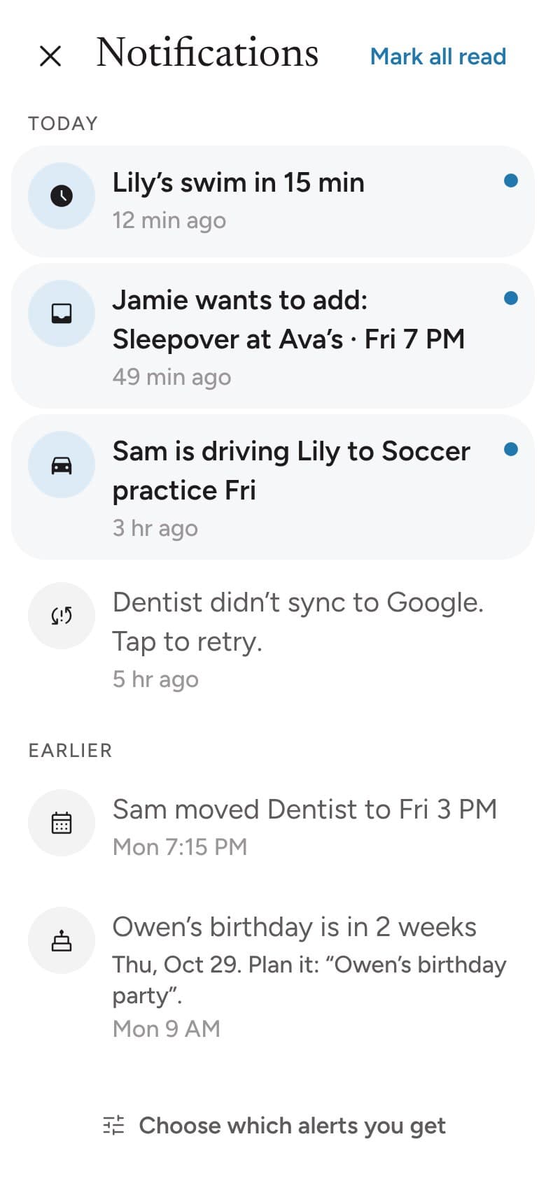 A list of recent alerts about rides, requests and calendar changes