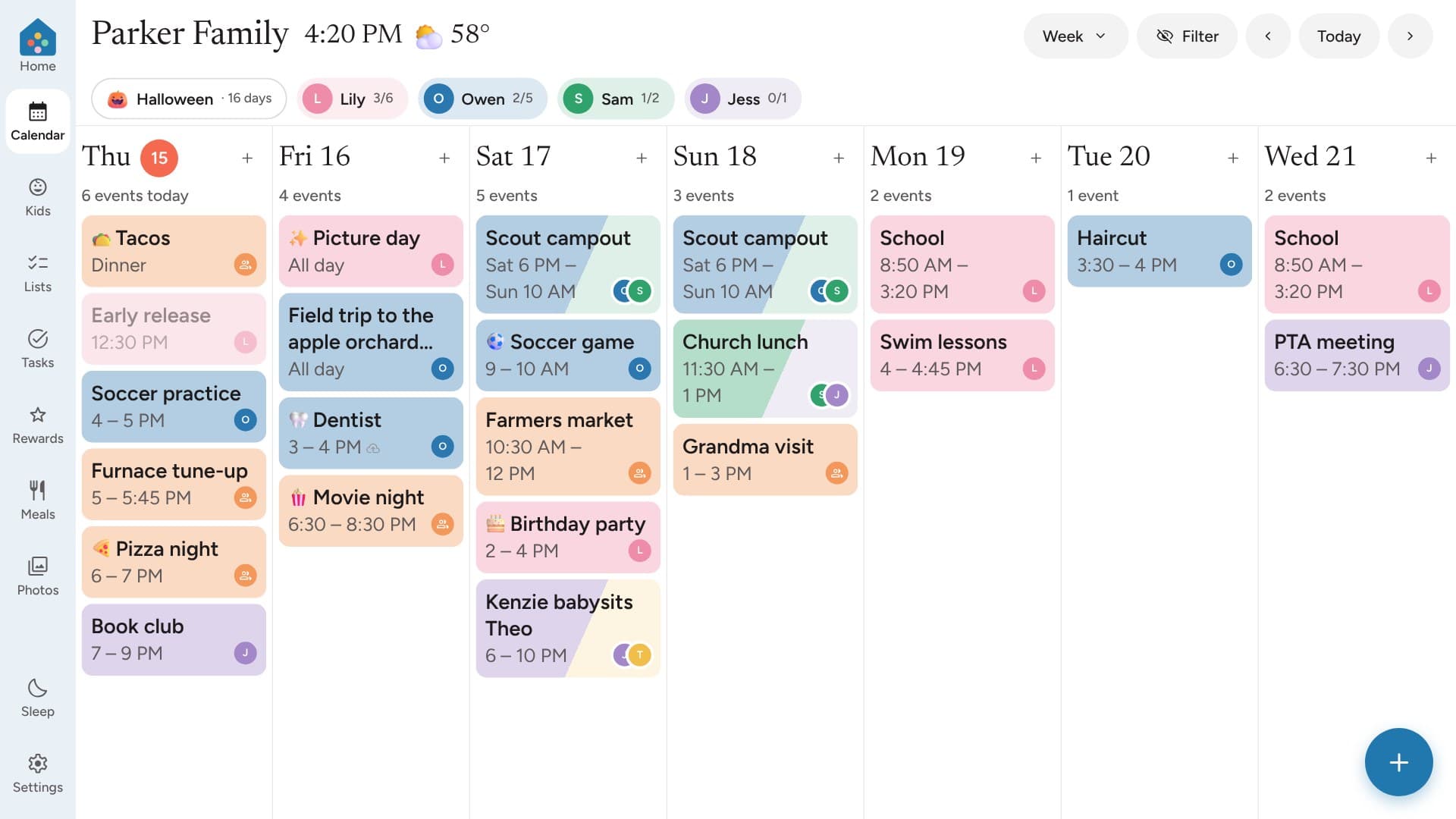 Banjo’s week view with each person’s events in their own color