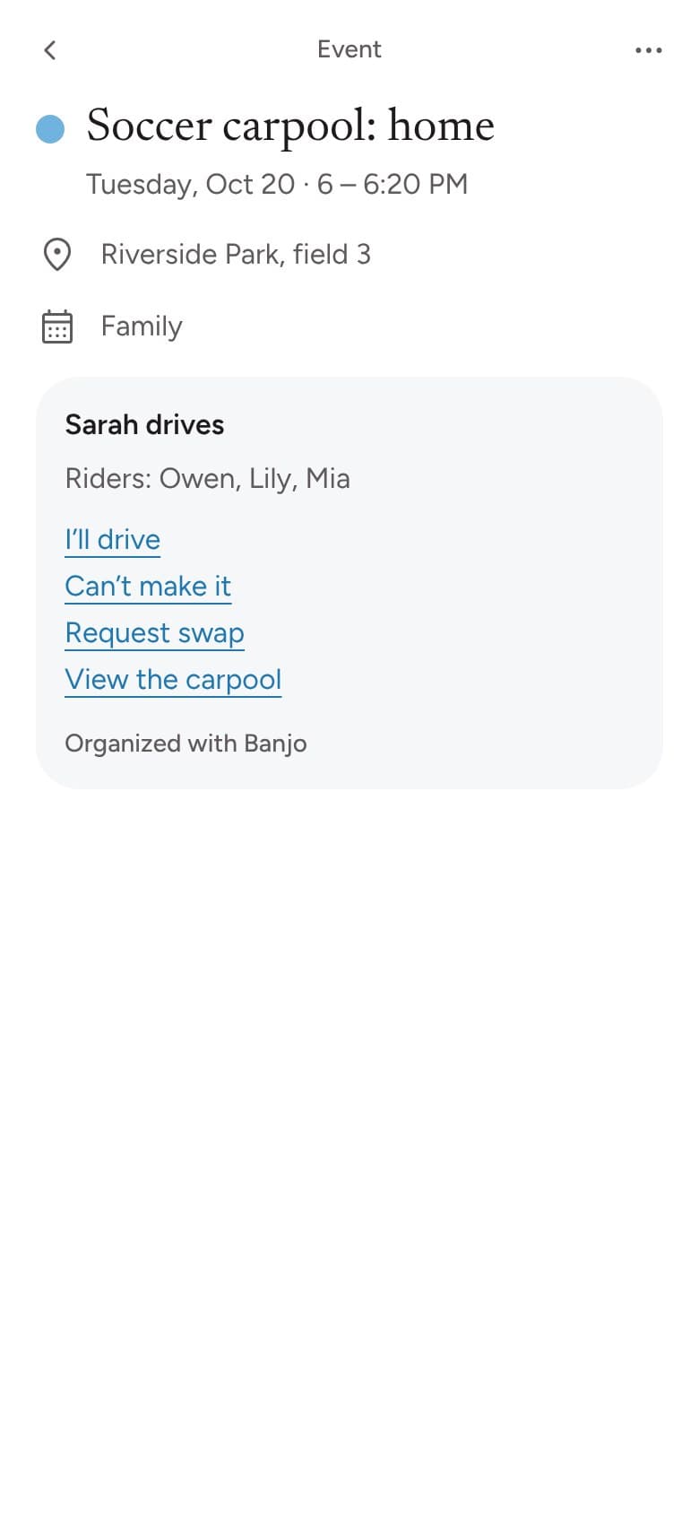 A carpool ride in another family’s calendar app, with I’ll drive, Can’t make it and Request swap links