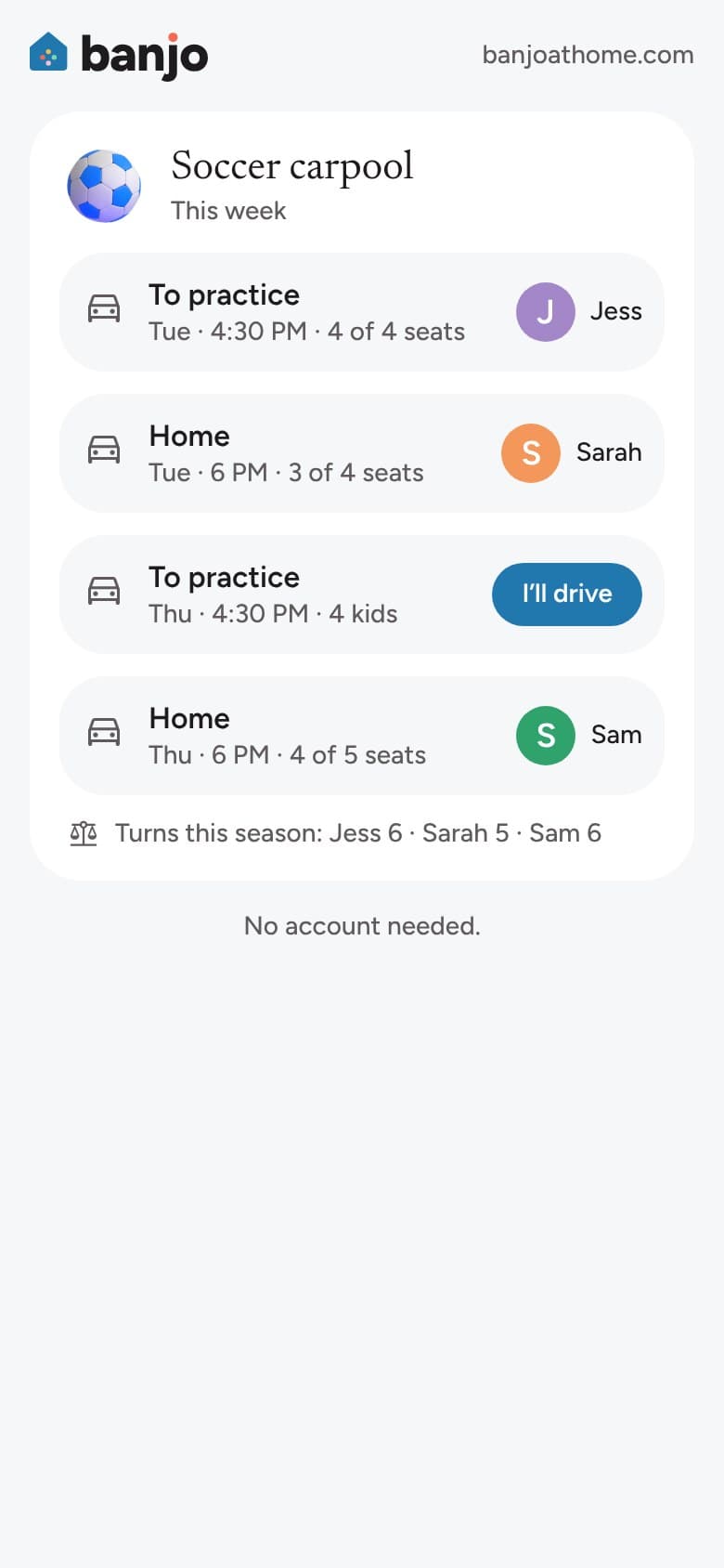 A carpool page with this week’s rides, each driver and seat count, and one ride with an I’ll drive button