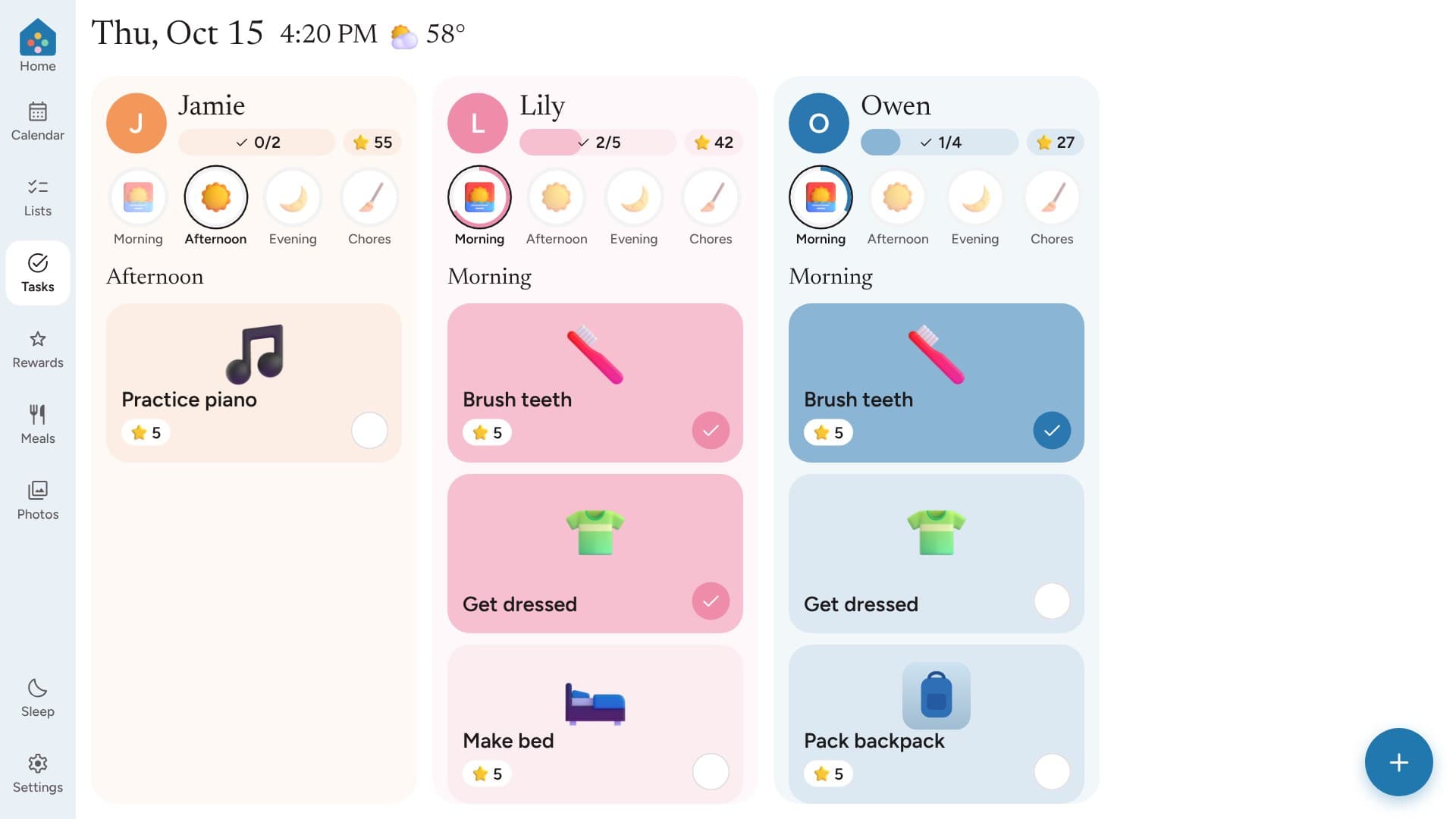 Each kid’s chore column with picture cards, a progress bar and stars
