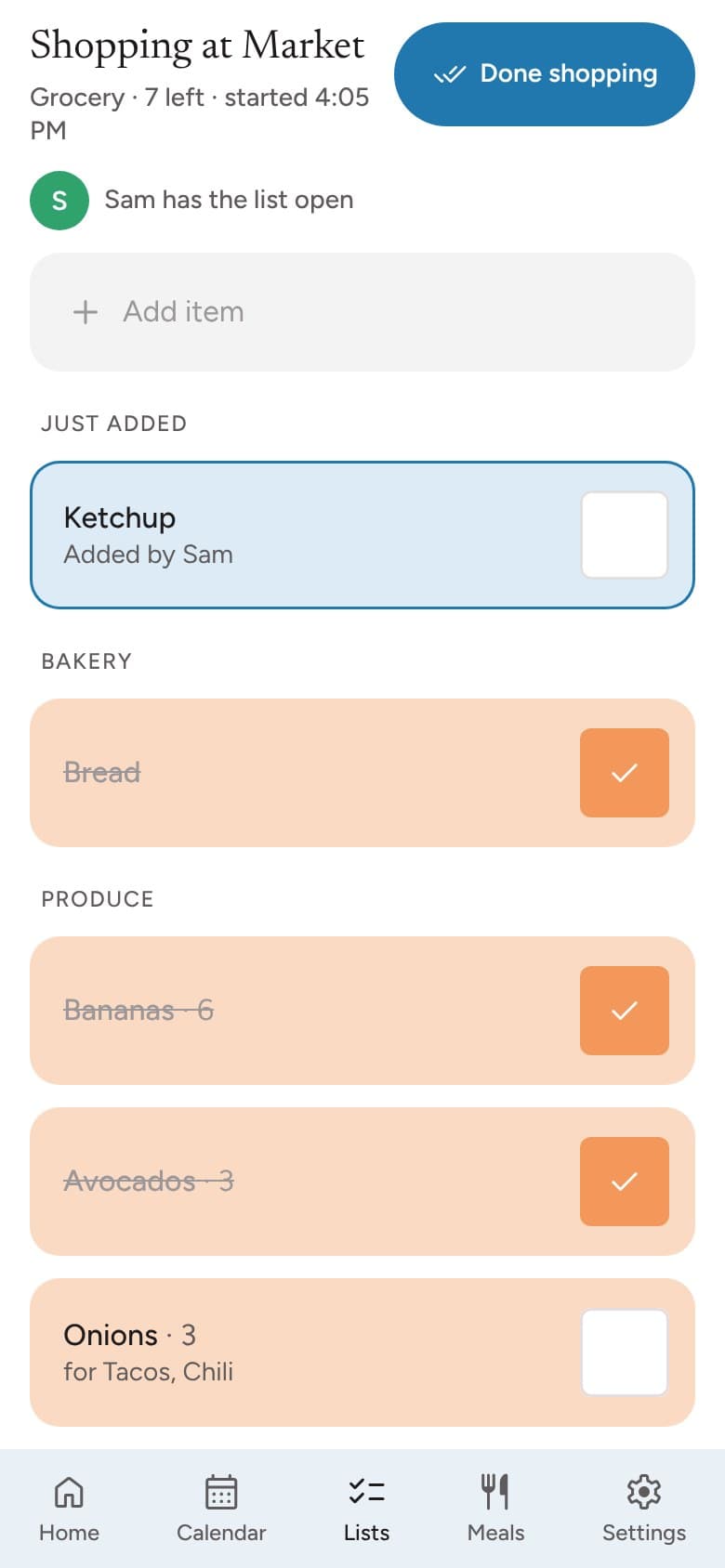 A shopping list in shopping mode, sorted by aisle, with onions for two recipes