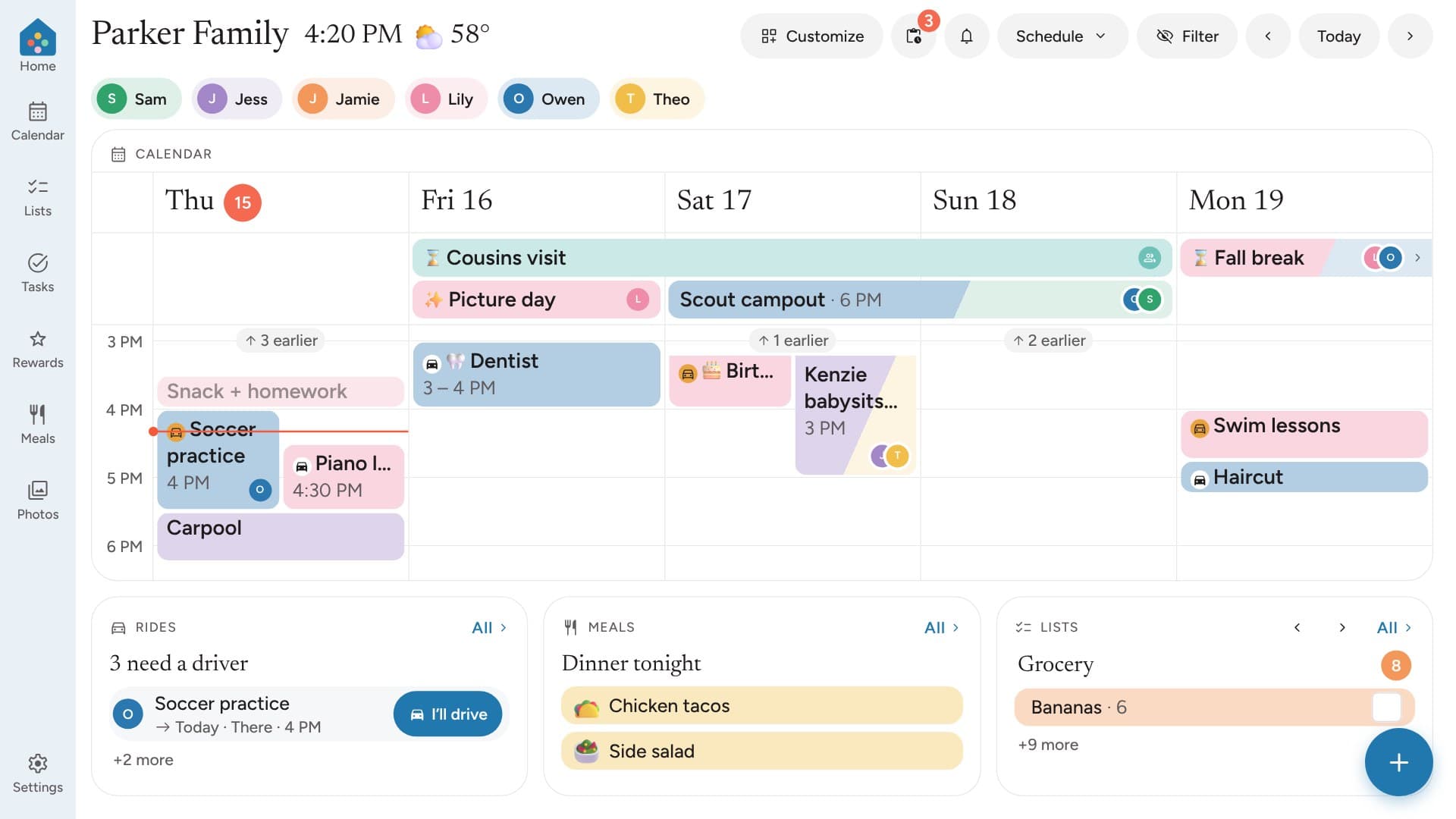 Banjo’s Home on a wall screen: the next five days with countdowns, rides that need a driver, tonight’s dinner and the shopping list