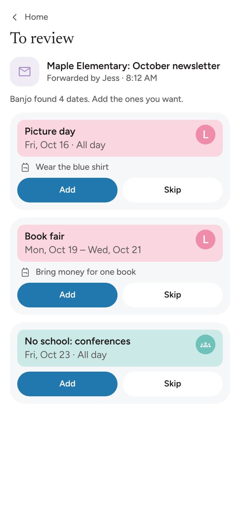 Events Banjo found in a forwarded school newsletter, each with Add and Skip