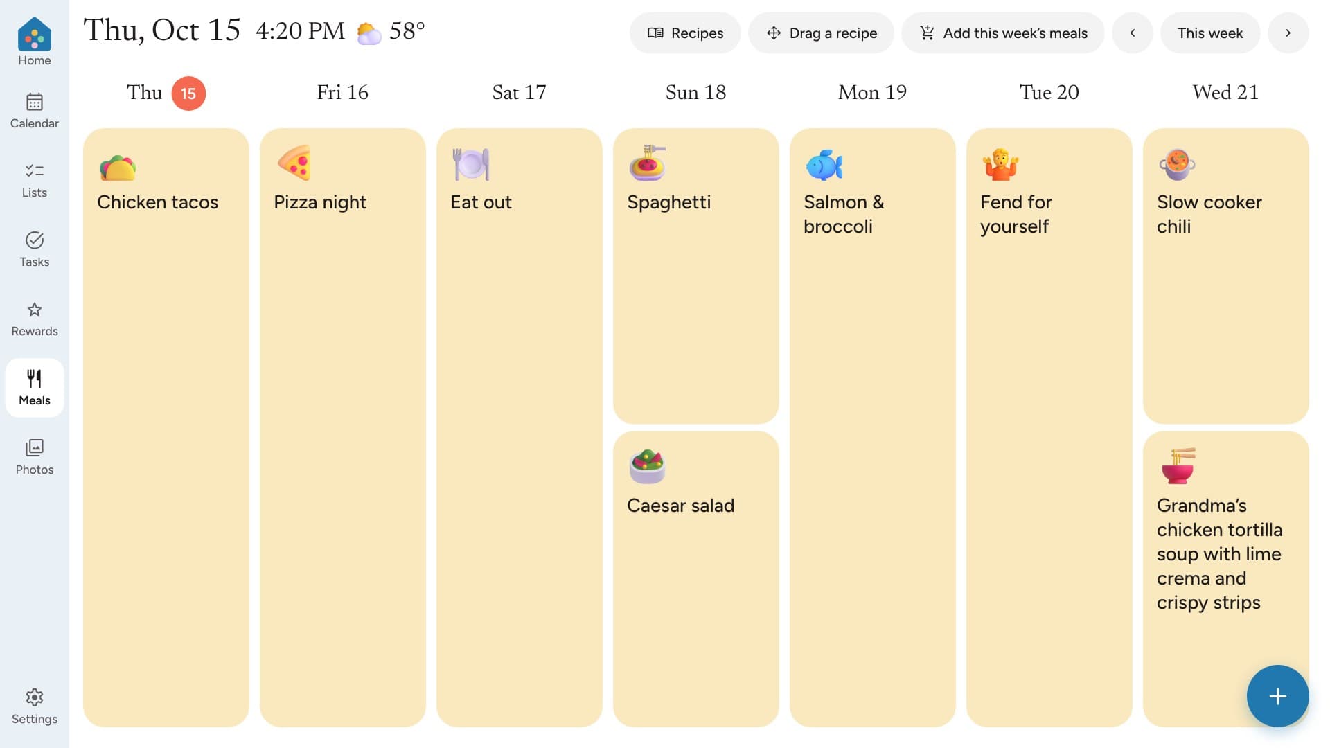 A week of planned dinners, one card per night