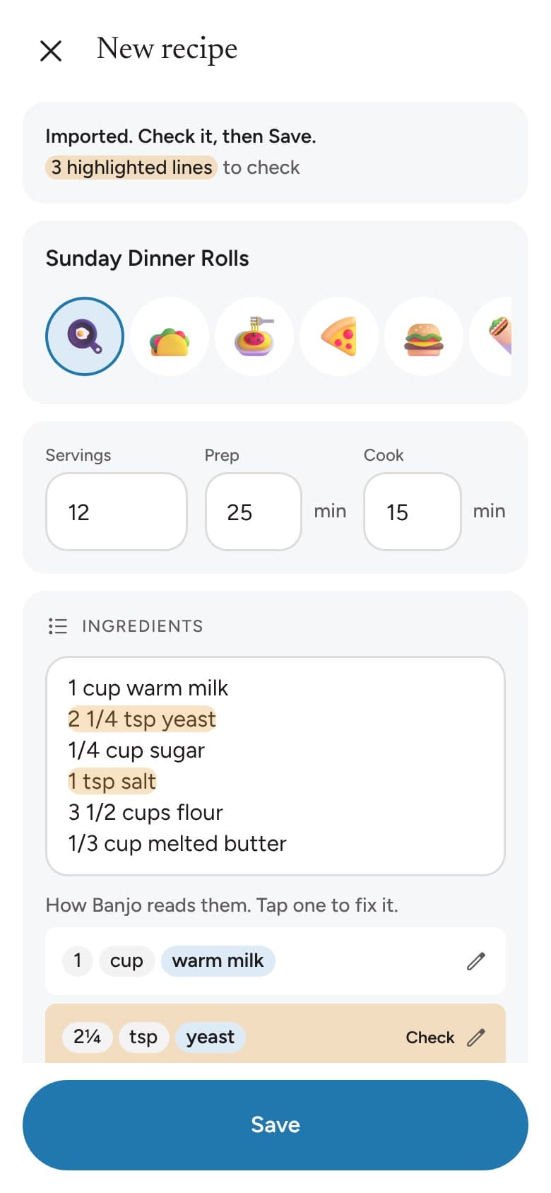 An imported recipe with its ingredients filled in and two lines highlighted to check