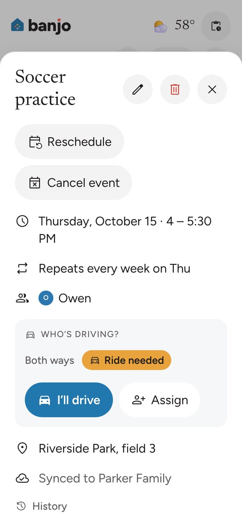 A soccer practice with a Who’s driving card, a Ride needed label and an I’ll drive button