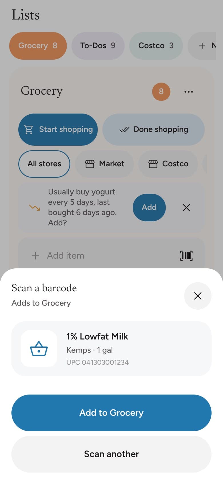 A scanned barcode showing the product, ready to add to the list