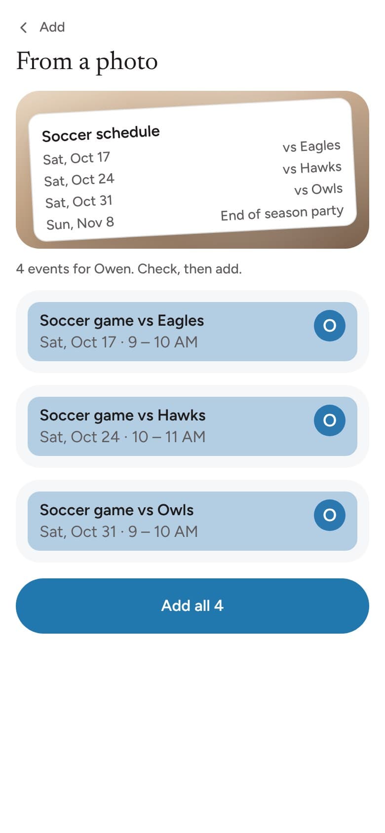 A photo of a soccer schedule turned into four events to add