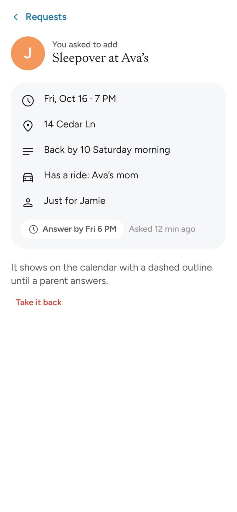 A teen’s request for a new event, waiting for a parent