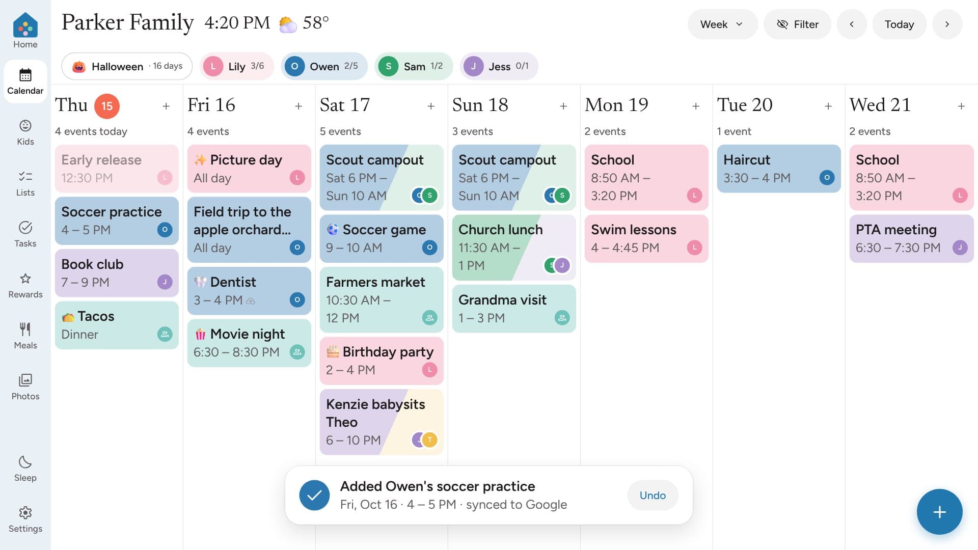The wall after a spoken request: soccer practice added to the calendar, with Undo